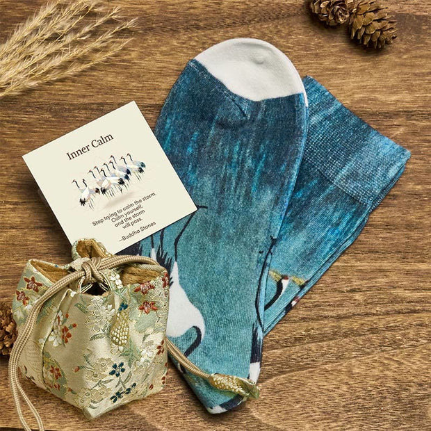 Buddha Stones "Inner Calm" Casual White Crane Micro Crew Women's Socks Includes Gift Message Card - CadetBlue - S (US 4.5-7，EU 35-38，UK/AU 2.5-4.5，AISA 22.5-24.5cm) - Deluxe Gift Bag (+$12.59) - image 1