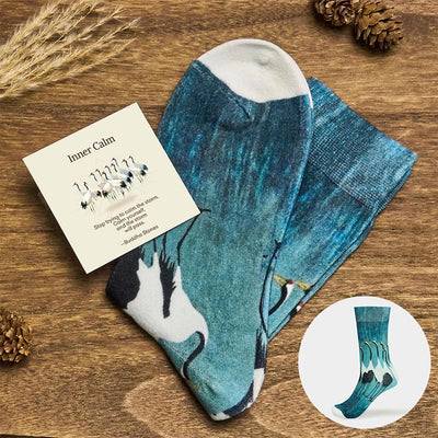 Buddha Stones "Inner Calm" Casual White Crane Micro Crew Women's Socks Includes Gift Message Card - CadetBlue - S (US 4.5-7，EU 35-38，UK/AU 2.5-4.5，AISA 22.5-24.5cm) - Standard Gift Box - image 0