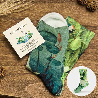 Buddha Stones "Rooted in Stillness" Crane Lotus Koi Fish Women's Socks Includes Gift Message Card - MediumAquamarine - S (US 4.5-7，EU 35-38，UK/AU 2.5-4.5，AISA 22.5-24.5cm) - Standard Gift Box - image 0