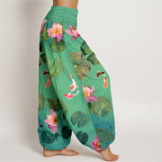 Buddha Stones Print Koi Fish Lotus Flowers Pattern Women's Elastic Waist Harem Pure Cotton Pants - image 6