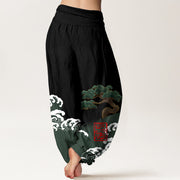 Buddha Stones Print Pure Cotton Pine Tree Rolling Waves Pattern Women's Elastic Waist Harem Pants - image 2