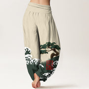 Buddha Stones Print Pure Cotton Pine Tree Rolling Waves Pattern Women's Elastic Waist Harem Pants - image 10
