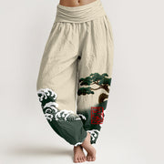 Buddha Stones Print Pure Cotton Pine Tree Rolling Waves Pattern Women's Elastic Waist Harem Pants - Beige - US16，UK/AU20，EU48 (3XL) - image 8