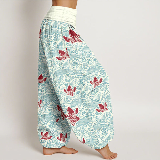Buddha Stones Print Koi Fishes Waves Pattern Women's Elastic Waist Harem Pure Cotton Pants - image 1