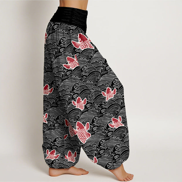 Buddha Stones Print Koi Fishes Waves Pattern Women's Elastic Waist Harem Pure Cotton Pants - image 9