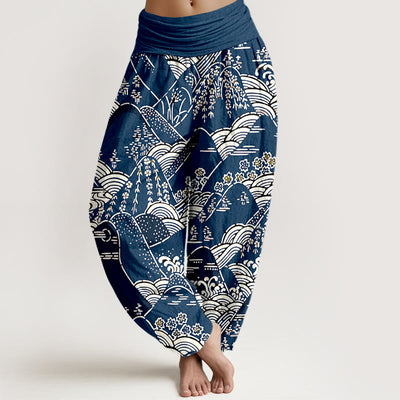 Buddha Stones Printed Mountains Waves Floral Pattern Women's Elastic Waist Harem Pure Cotton Pants - MidnightBlue - US16，UK/AU20，EU48 (3XL) - image 0