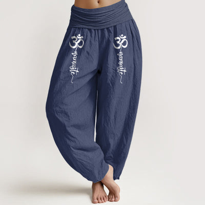 Buddha Stones Namaste Om Pattern Women's Pure Cotton Elastic Waist Harem Pants - DarkBlue - US16，UK/AU20，EU48 (3XL) - image 0