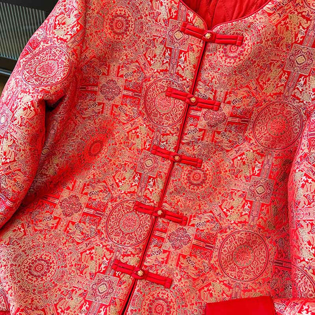 Buddha Stones Women's Jacquard Symmetric Floral Pattern Long Sleeve Cotton Jacket With Pockets - image 7