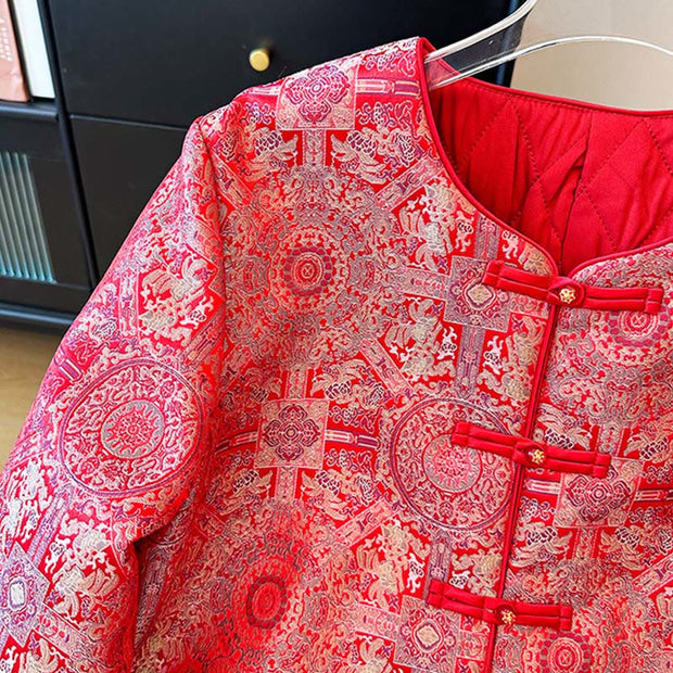 Buddha Stones Women's Jacquard Symmetric Floral Pattern Long Sleeve Cotton Jacket With Pockets - image 5