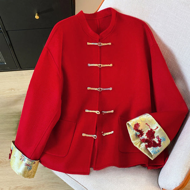 Buddha Stones Tang Suit Embroidery Long Sleeve Women's Cotton Jacket With Pockets - image 1