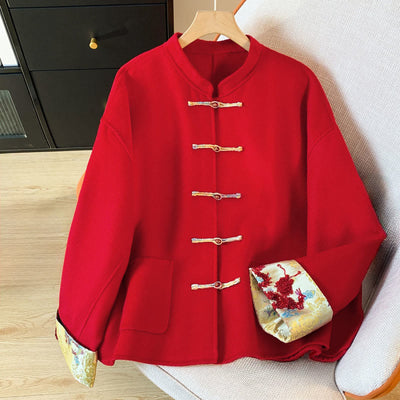 Buddha Stones Tang Suit Embroidery Long Sleeve Women's Cotton Jacket With Pockets - Crimson - US6，UK/AU10，EU38 (XL) - image 0