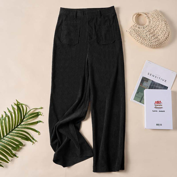 Buddha Stones Plain Corduroy Polyester Women's Buttons Wide Leg Pants With Pockets - Black - US14，UK/AU18，EU46 (2XL) - image 21