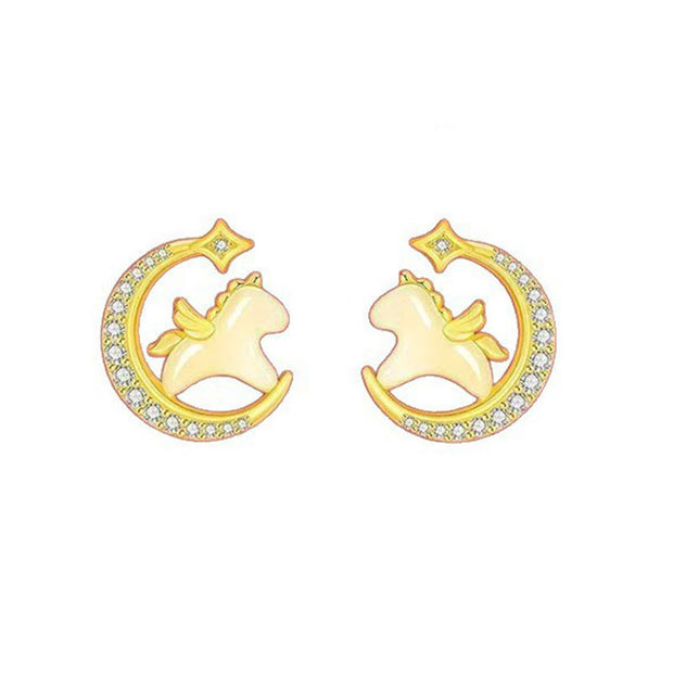 Buddha Stones Year Of The Horse Hetian Jade 925 Sterling Silver Moon Zircon Abundance Earrings - image 9