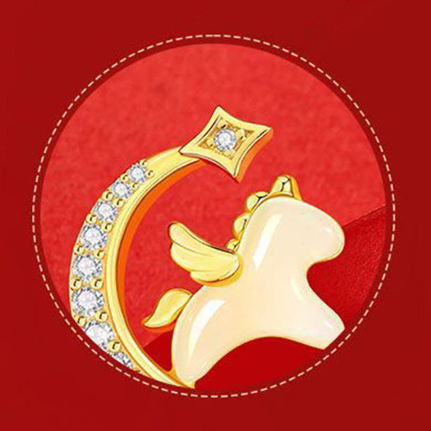 Buddha Stones Year Of The Horse Hetian Jade 925 Sterling Silver Moon Zircon Abundance Earrings - image 7