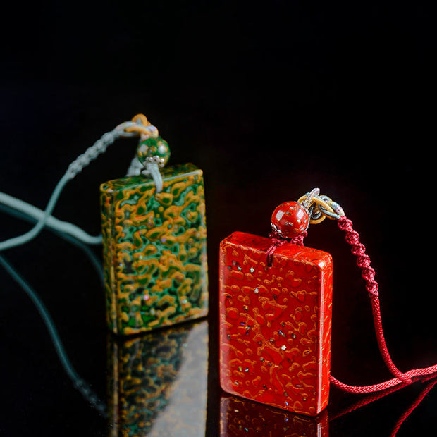 Buddha Stones Handcrafted Lacquer Craft Sandalwood Protection Pendant Necklace - Green(Pendant Size:4*6*1cm) - image 0