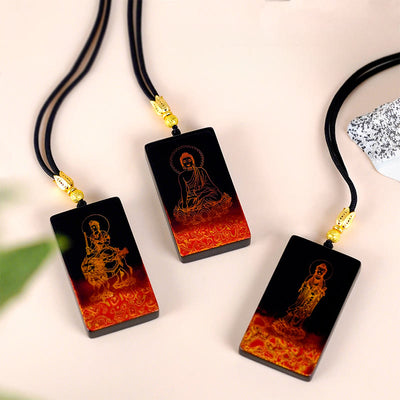 Buddha Stones Chinese Zodiac Natal Buddha Fu Character Lacquer Craft Sandalwood Pendant Necklace - Rat-Thousand-armed Avalokitesvara - image 0