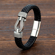 Buddha Stones Leather horseshoe-Shaped Titanium Steel Balance Braided Magnetic Buckle Bracelet - White & Titanium Steel - 23cm - image 0