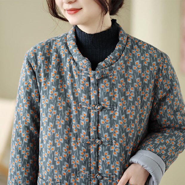 Buddha Stones Winter Frog-button Floral Long Sleeve Women's Thickened Cotton Jacket With Pockets - image 6