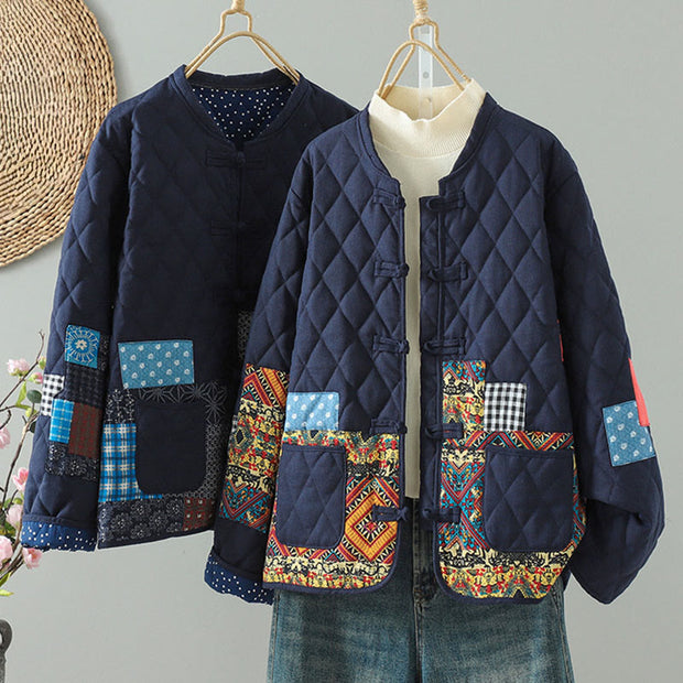 Buddha Stones Ethnic Frog-button Patchwork Women's Thickened Cotton Long Sleeve Jacket With Pockets - image 16
