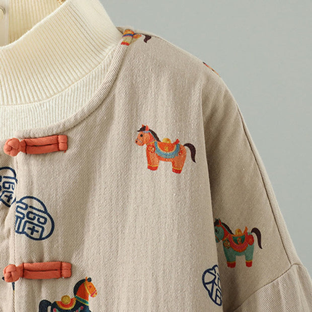 Buddha Stones Horse Fu Character Pattern Frog-Button Design Women's Cotton Long Sleeve Thickened Jacket - image 10
