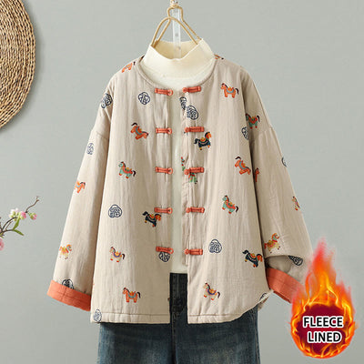 Buddha Stones Horse Fu Character Pattern Frog-Button Design Women's Cotton Long Sleeve Thickened Jacket - PaleGoldenrod - US8-10，UK/AU12-14，EU40-42 (2XL) - image 0