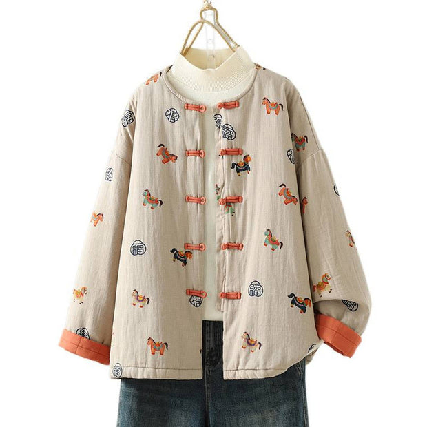 Buddha Stones Horse Fu Character Pattern Frog-Button Design Women's Cotton Long Sleeve Thickened Jacket - image 19