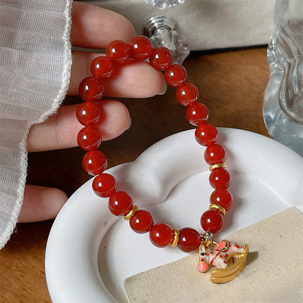 Buddha Stones Year Of The Horse Natural Cinnabar Red Agate Calm Confidence Bracelet - Red Agate & Pink Horse(Wrist Circumference 14-17cm) - image 5