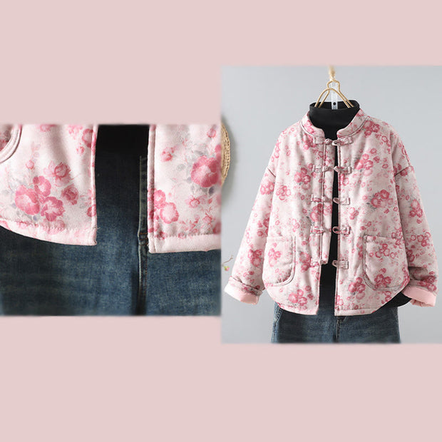 Buddha Stones Women's Commute LightPink Printing Floral Frog-buttons Cotton Long Sleeve Jacket - image 8