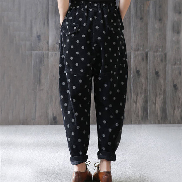 Buddha Stones Women's Fall Commute Printing Dot Pattern Corduroy Harem Pants With Pockets - image 11