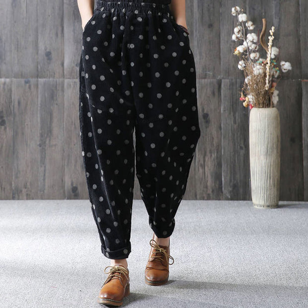Buddha Stones Women's Fall Commute Printing Dot Pattern Corduroy Harem Pants With Pockets - image 9
