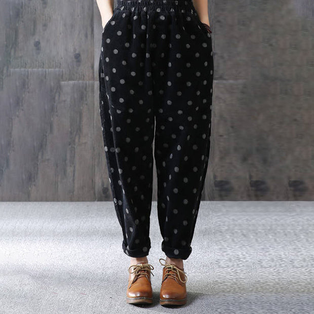 Buddha Stones Women's Fall Commute Printing Dot Pattern Corduroy Harem Pants With Pockets - image 8
