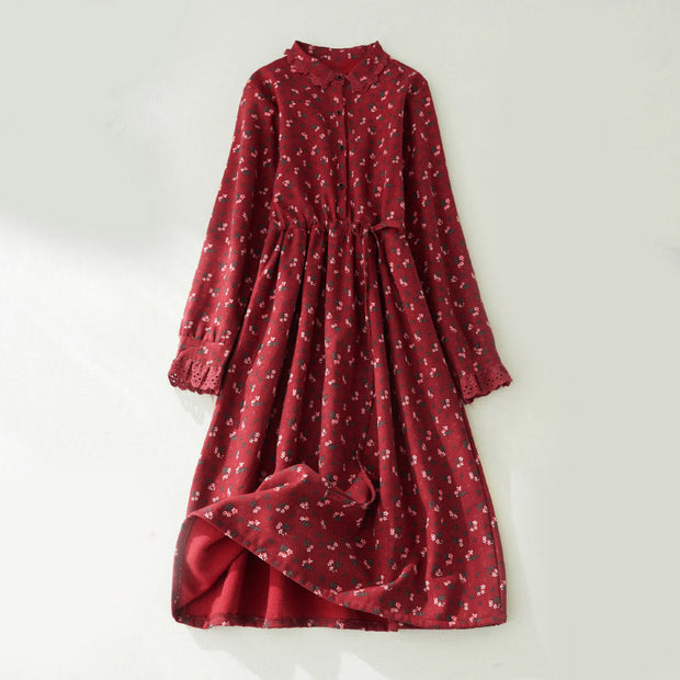 Buddha Stones Floral Pattern Lace Patchwork Design Long Sleeve Corduroy Midi Dress With Pockets - FireBrick - US8-10，UK/AU12-14，EU40-42 (2XL) - image 0