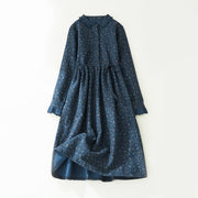 Buddha Stones Floral Pattern Lace Patchwork Design Long Sleeve Corduroy Midi Dress With Pockets - image 10