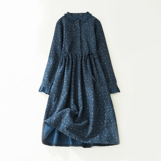 Buddha Stones Floral Pattern Lace Patchwork Design Long Sleeve Corduroy Midi Dress With Pockets - image 10