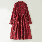 Buddha Stones Floral Pattern Lace Patchwork Design Long Sleeve Corduroy Midi Dress With Pockets - image 1