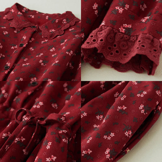 Buddha Stones Floral Pattern Lace Patchwork Design Long Sleeve Corduroy Midi Dress With Pockets - image 7