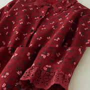 Buddha Stones Floral Pattern Lace Patchwork Design Long Sleeve Corduroy Midi Dress With Pockets - image 4