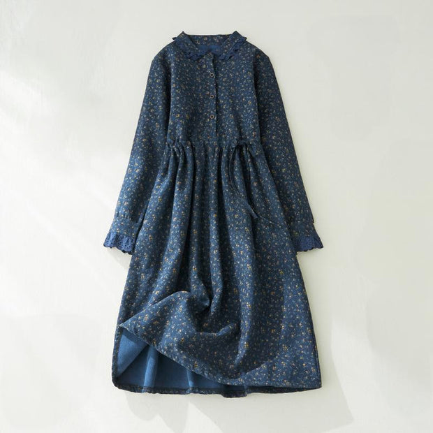 Buddha Stones Floral Pattern Lace Patchwork Design Long Sleeve Corduroy Midi Dress With Pockets - DarkBlue - US8-10，UK/AU12-14，EU40-42 (2XL) - image 8