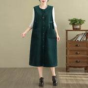 Buddha Stones Pure Colo Buttons Sleeveless Midi Dress With Pockets - DarkGreen - US8-10，UK/AU12-14，EU40-42 (2XL) - image 6