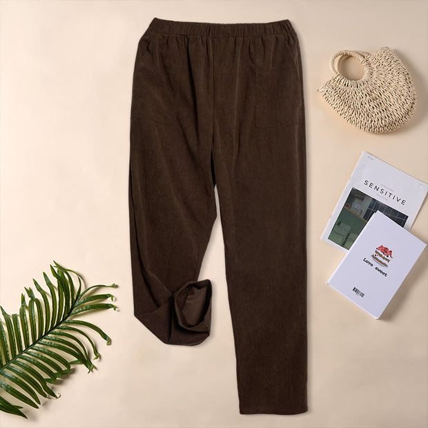 Buddha Stones Women's Commute Pure Color Corduroy Pants With Pockets - image 5