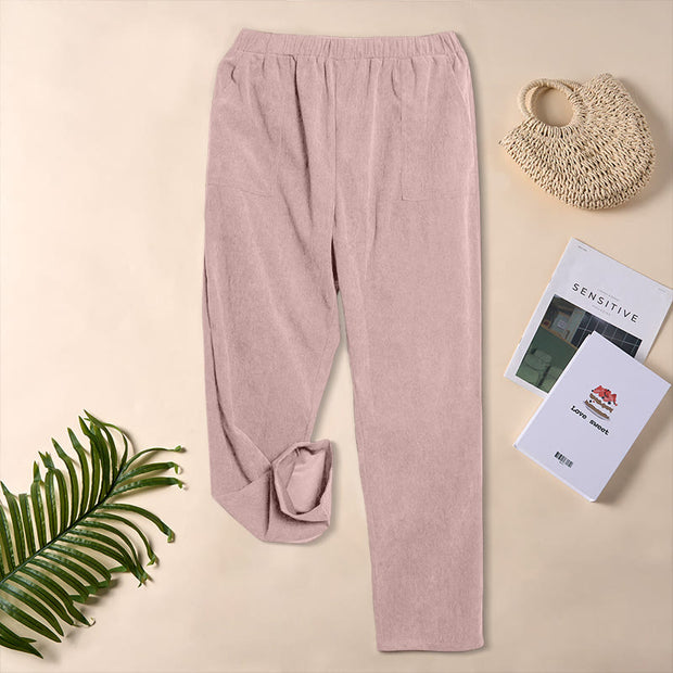 Buddha Stones Women's Commute Pure Color Corduroy Pants With Pockets - image 35