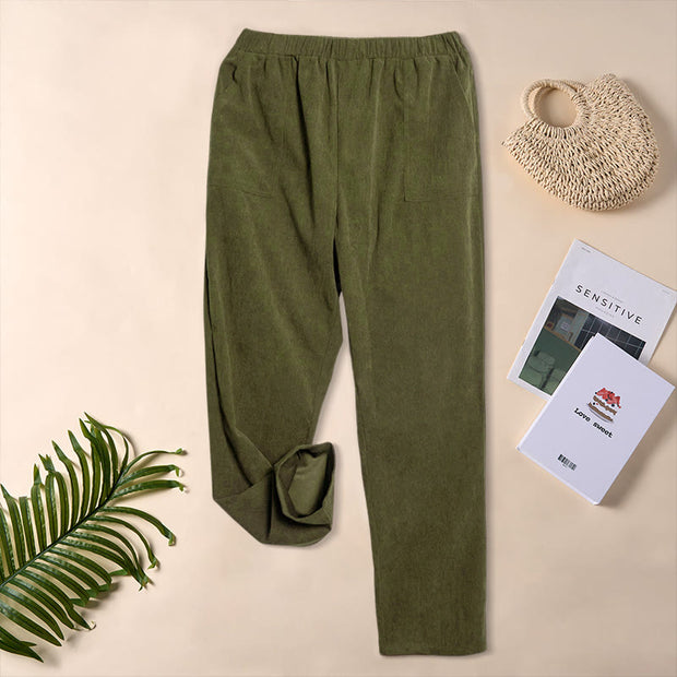 Buddha Stones Women's Commute Pure Color Corduroy Pants With Pockets - image 32