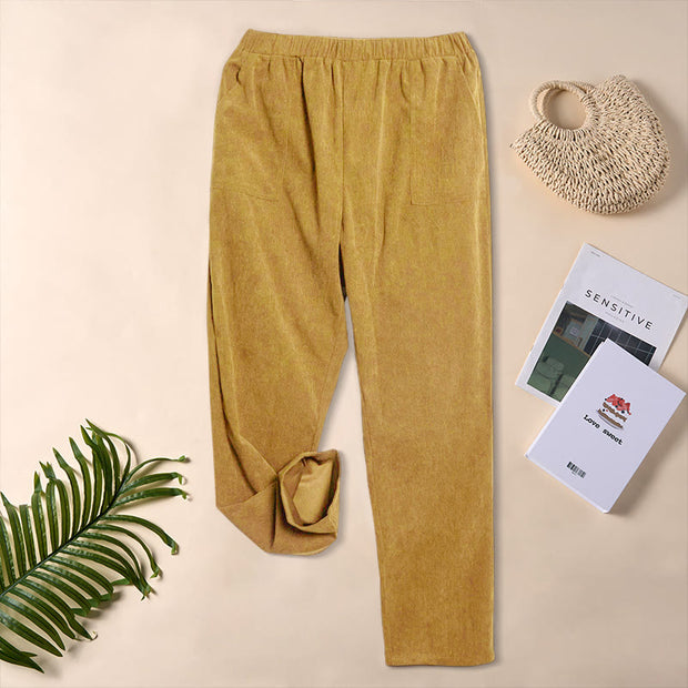 Buddha Stones Women's Commute Pure Color Corduroy Pants With Pockets - image 26