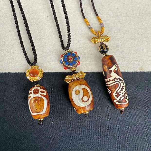 Buddha Stones Tibetan Yin Yang Bagua Design Nine-eye Dzi Agate Blessing Necklace Pendant - image 4