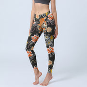 Buddha Stones Koi Fish Peony Chrysanthemum Clouds Pattern Print Gym Leggings Women's Yoga Pants - Black - US18，UK/AU22，EU50 (4XL) - image 0