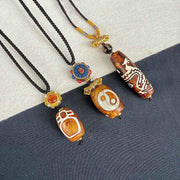 Buddha Stones Tibetan Agate Carved God of Wealth Nine-eye Dzi Bead Blessing Necklace Pendant - image 5