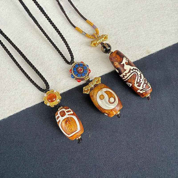 Buddha Stones Tibetan Agate Carved God of Wealth Nine-eye Dzi Bead Blessing Necklace Pendant - image 5