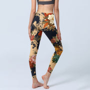 Buddha Stones Ink Painting Style Peony Chrysanthemums Pattern Print Gym Leggings Women's Yoga Pants - image 4