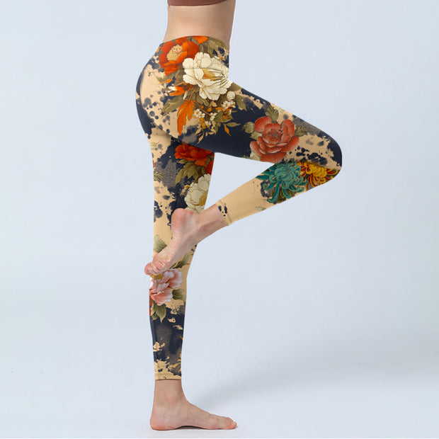 Buddha Stones Ink Painting Style Peony Chrysanthemums Pattern Print Gym Leggings Women's Yoga Pants - image 3
