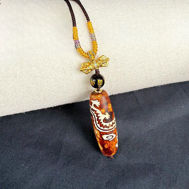 Buddha Stones Tibetan Agate Dragon Pattern Nine-eye Dzi Protection Necklace Pendant - image 2